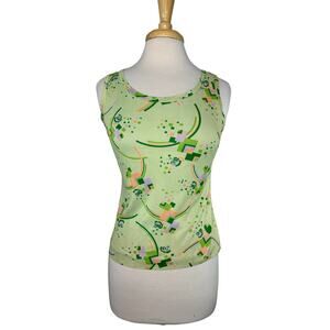 Vintage 60s Mod Green Geometric Print Triacetate Tank Top Size Medium JC Penney